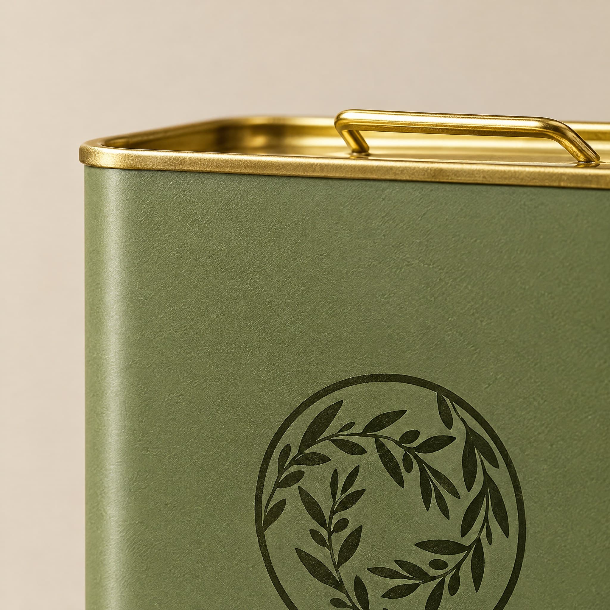 Tenekenin altın rengi kenarı, taşıma kulpu ve amblemi yakın plan